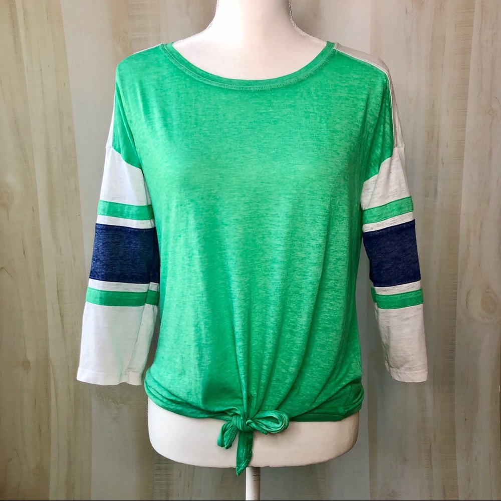 SO Green Casual Top With Bold Striped Sleeves